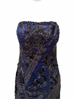 Sue Wong Dress NWT Strapless Blue with Black Beaded Overlay Size 4
